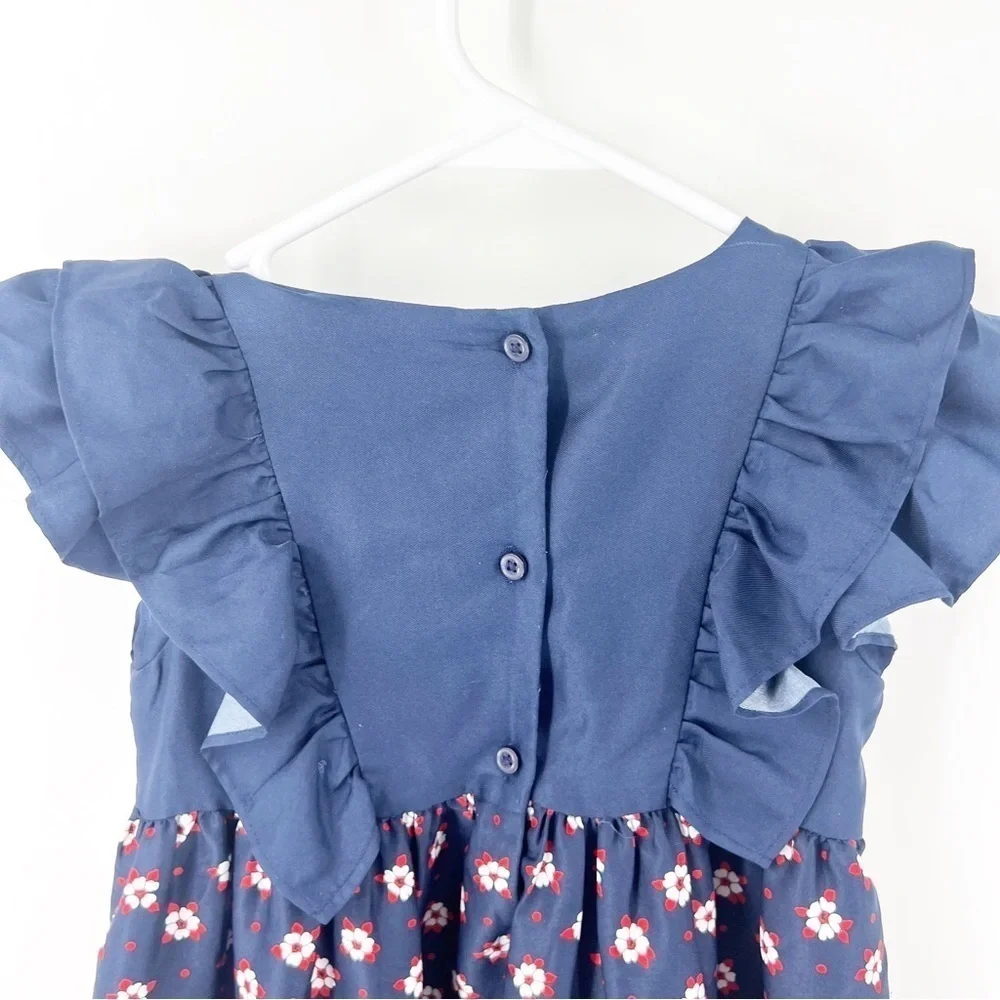 ✅ JANIE AND JACK FLORAL FLUTTER SLEEVE DRESS SIZE 5 NAVY/RED/WHITE‎